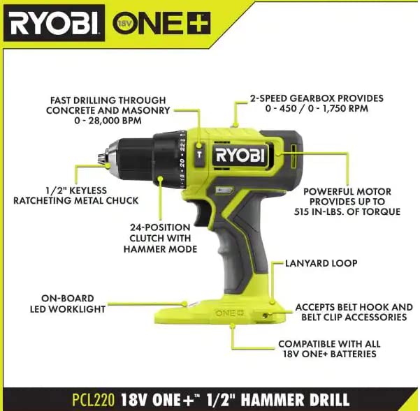 RYOBI ONEAND 18V Cordless 1/2 in. Hammer Drill Tool ONLY PCL220B