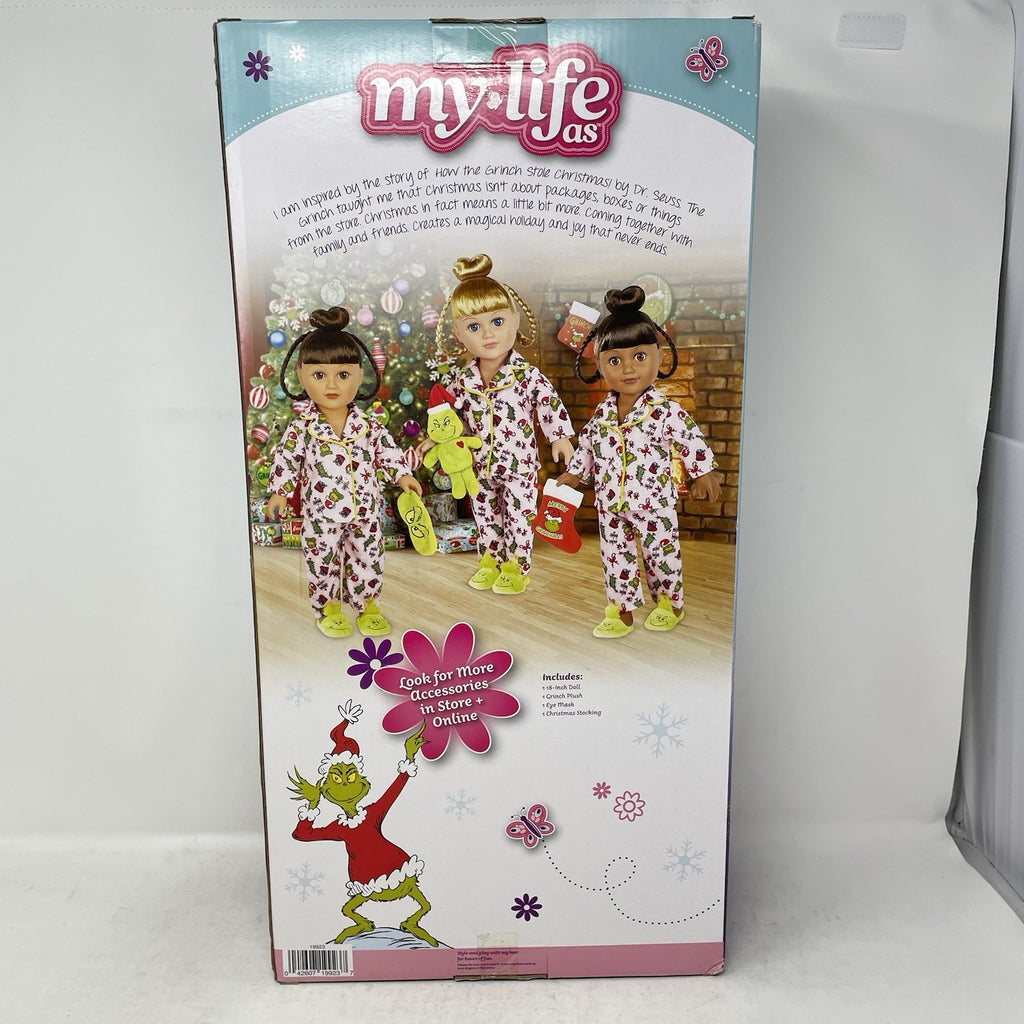My Life as Grinch 4 pc Sleepover Set 18" Doll Brown Hair Brown Eyes with Book