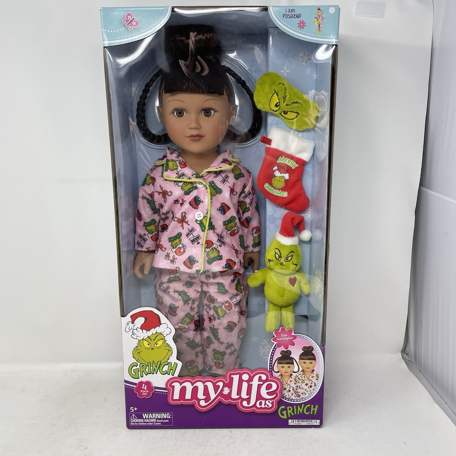 My Life as Grinch 4 pc Sleepover Set 18" Doll Brown Hair Brown Eyes with Book