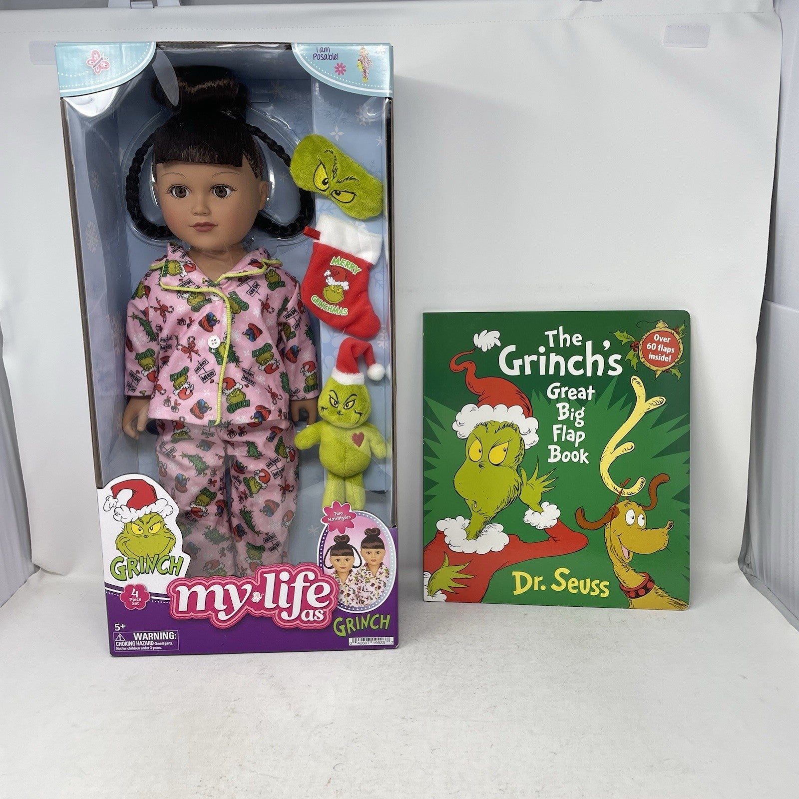 My Life as Grinch 4 pc Sleepover Set 18" Doll Brown Hair Brown Eyes with Book