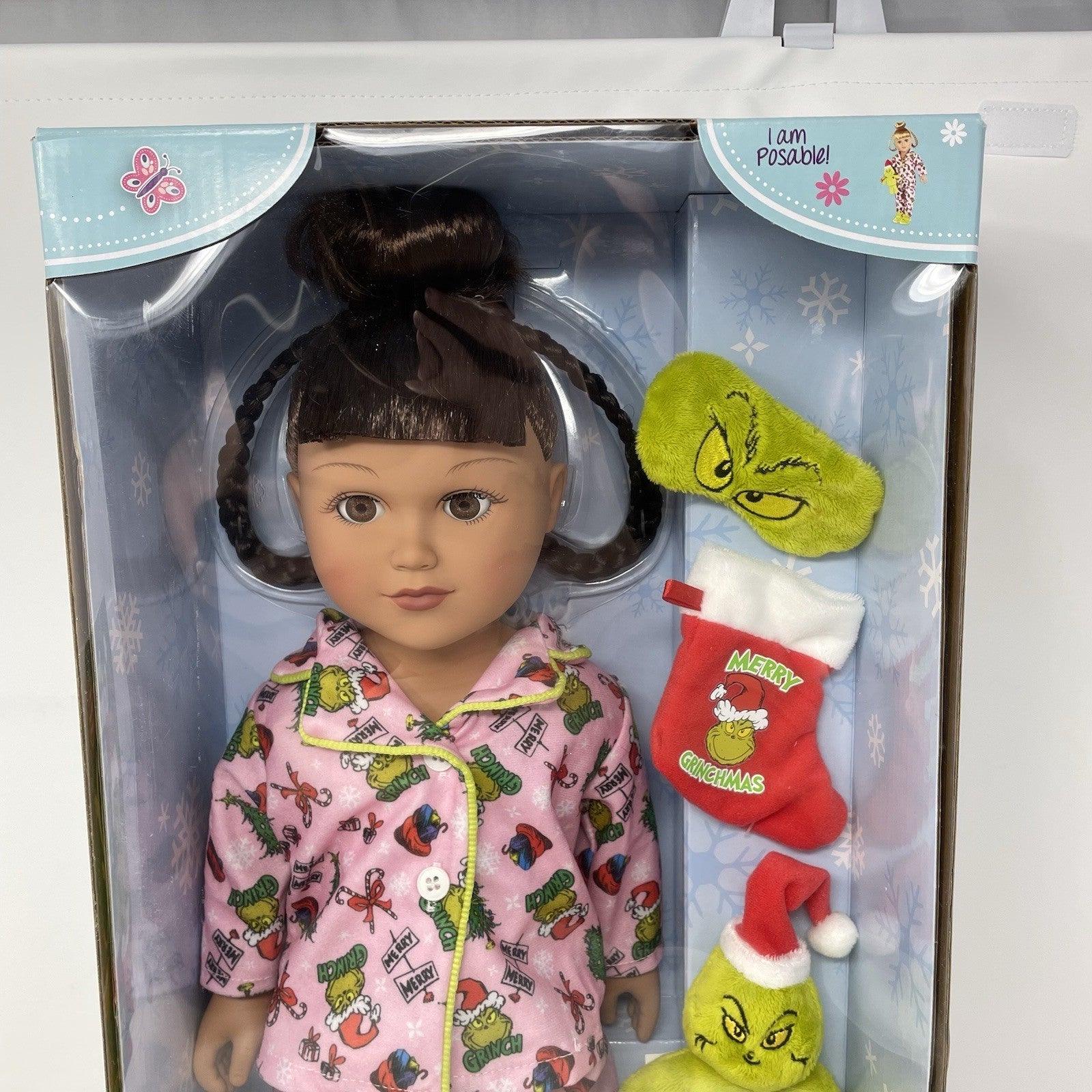 My Life as Grinch 4 pc Sleepover Set 18" Doll Brown Hair Brown Eyes with Book