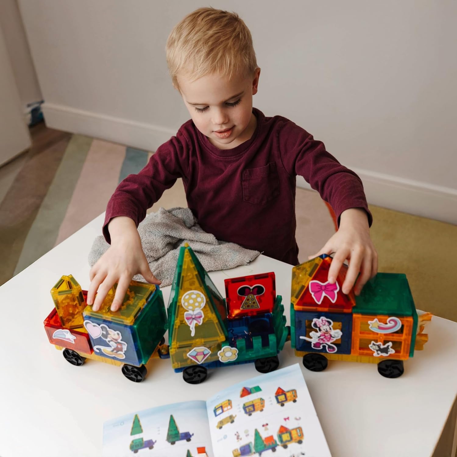 Tytan Official Disney Junior Mickey Mouse Jumbo Train Magnetic Tile Set – 112-Piece STEAM Toy Featuring Magnetic Cubes, Wheeled Bases, Reusable Stickers & Instruction Manual – Kids Ages 3+