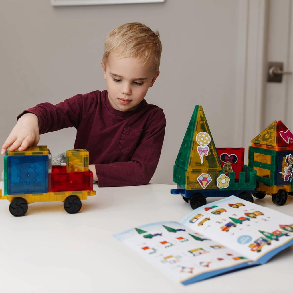 Tytan Official Disney Junior Mickey Mouse Jumbo Train Magnetic Tile Set – 112-Piece STEAM Toy Featuring Magnetic Cubes, Wheeled Bases, Reusable Stickers & Instruction Manual – Kids Ages 3+