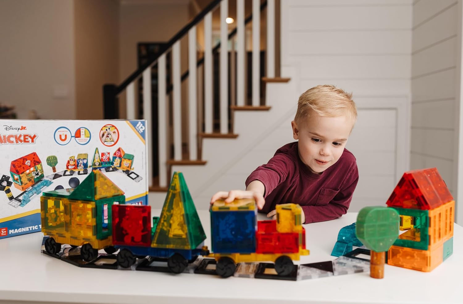 Tytan Official Disney Junior Mickey Mouse Jumbo Train Magnetic Tile Set – 112-Piece STEAM Toy Featuring Magnetic Cubes, Wheeled Bases, Reusable Stickers & Instruction Manual – Kids Ages 3+