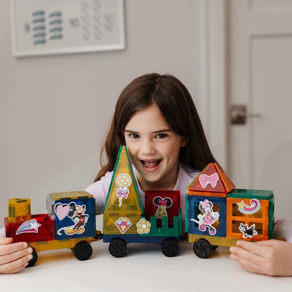 Tytan Official Disney Junior Mickey Mouse Jumbo Train Magnetic Tile Set – 112-Piece STEAM Toy Featuring Magnetic Cubes, Wheeled Bases, Reusable Stickers & Instruction Manual – Kids Ages 3+
