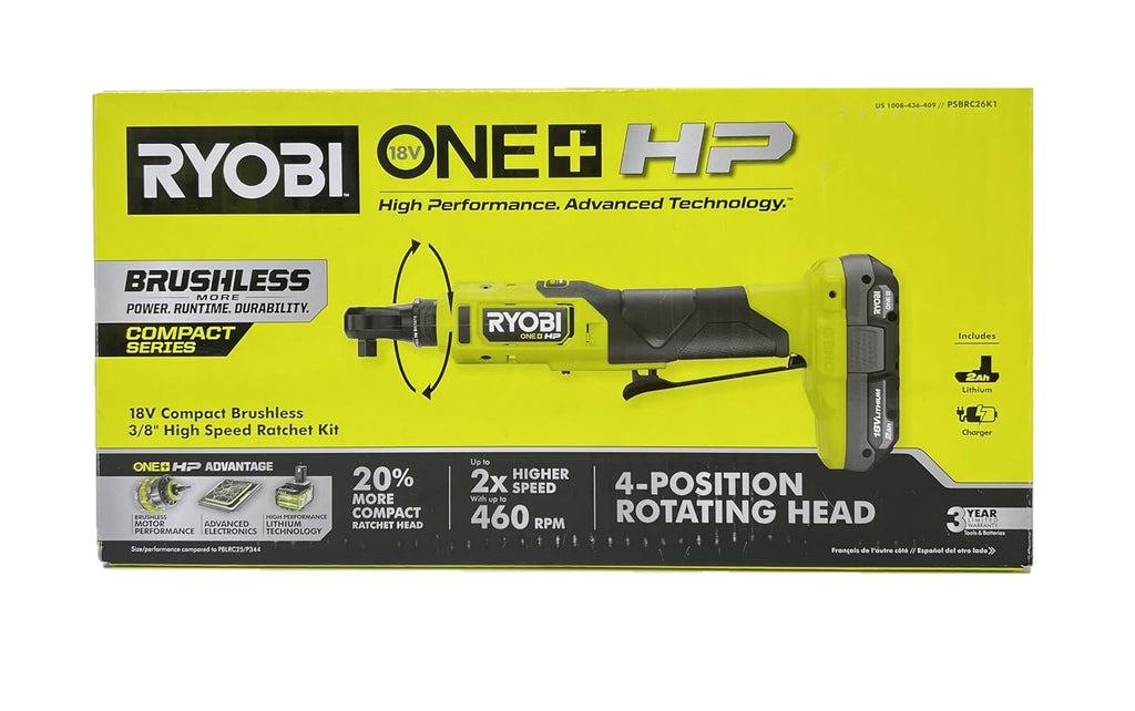RYOBI ONEAND 18V HP BRUSHLESS Cordless 3/8 in. HIGH Speed Ratchet KIT with 2.0 AH Batter