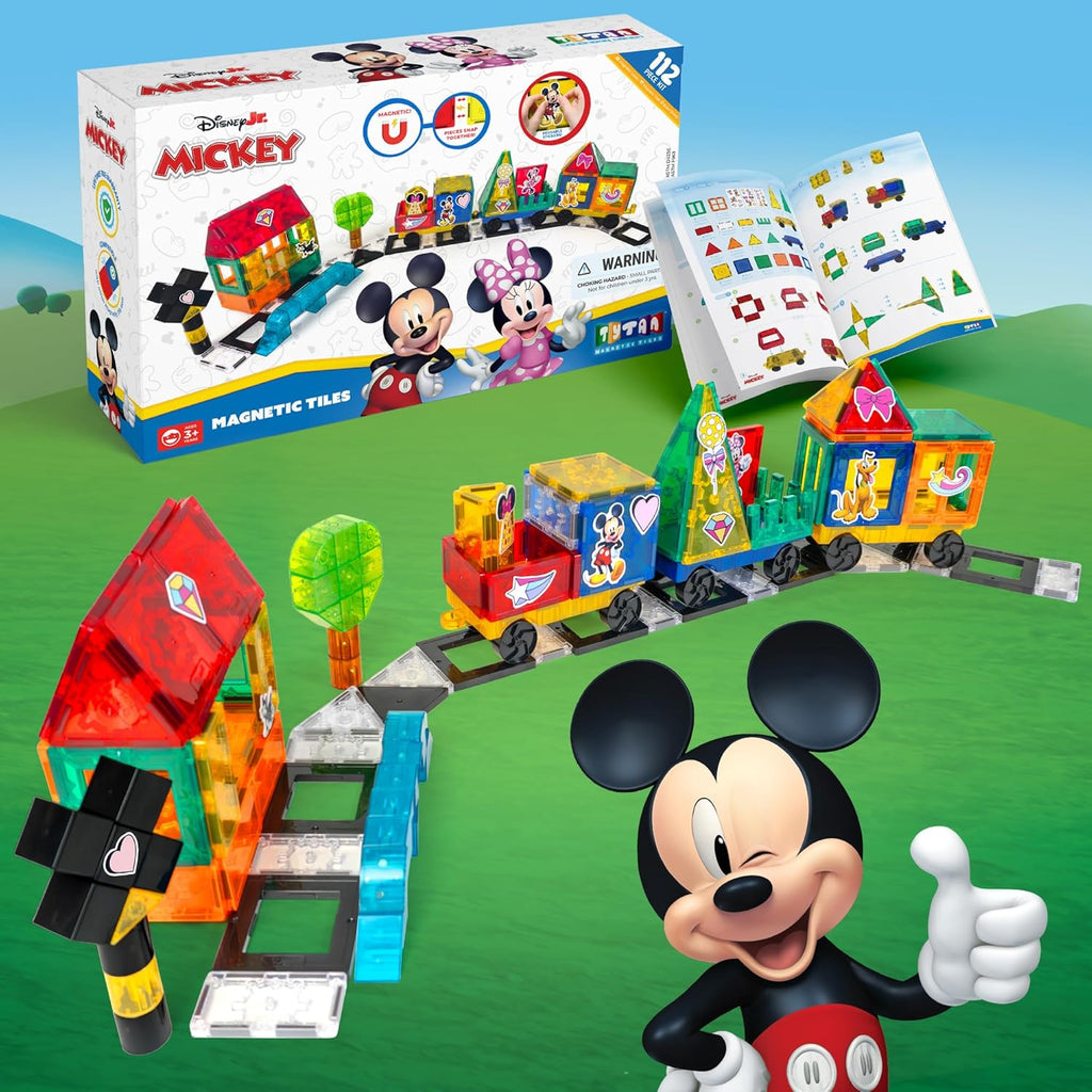 Tytan Official Disney Junior Mickey Mouse Jumbo Train Magnetic Tile Set – 112-Piece STEAM Toy Featuring Magnetic Cubes, Wheeled Bases, Reusable Stickers & Instruction Manual – Kids Ages 3+