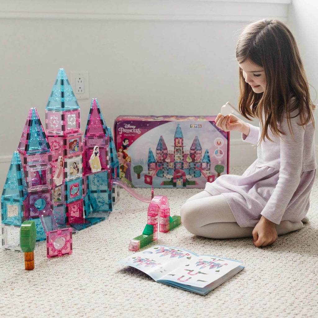 Disney Princess Toys Magnetic Tiles Castle Set - 172-Piece STEM Building Toy with Ariel, Moana, Snow White, Tiana & Rapunzel Characters, Marble Run Slides, Disney Toys for Girls Ages 3+