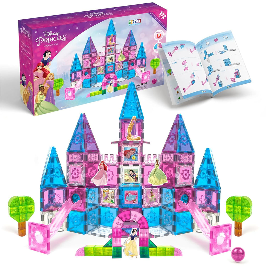 Disney Princess Toys Magnetic Tiles Castle Set - 172-Piece STEM Building Toy with Ariel, Moana, Snow White, Tiana & Rapunzel Characters, Marble Run Slides, Disney Toys for Girls Ages 3+