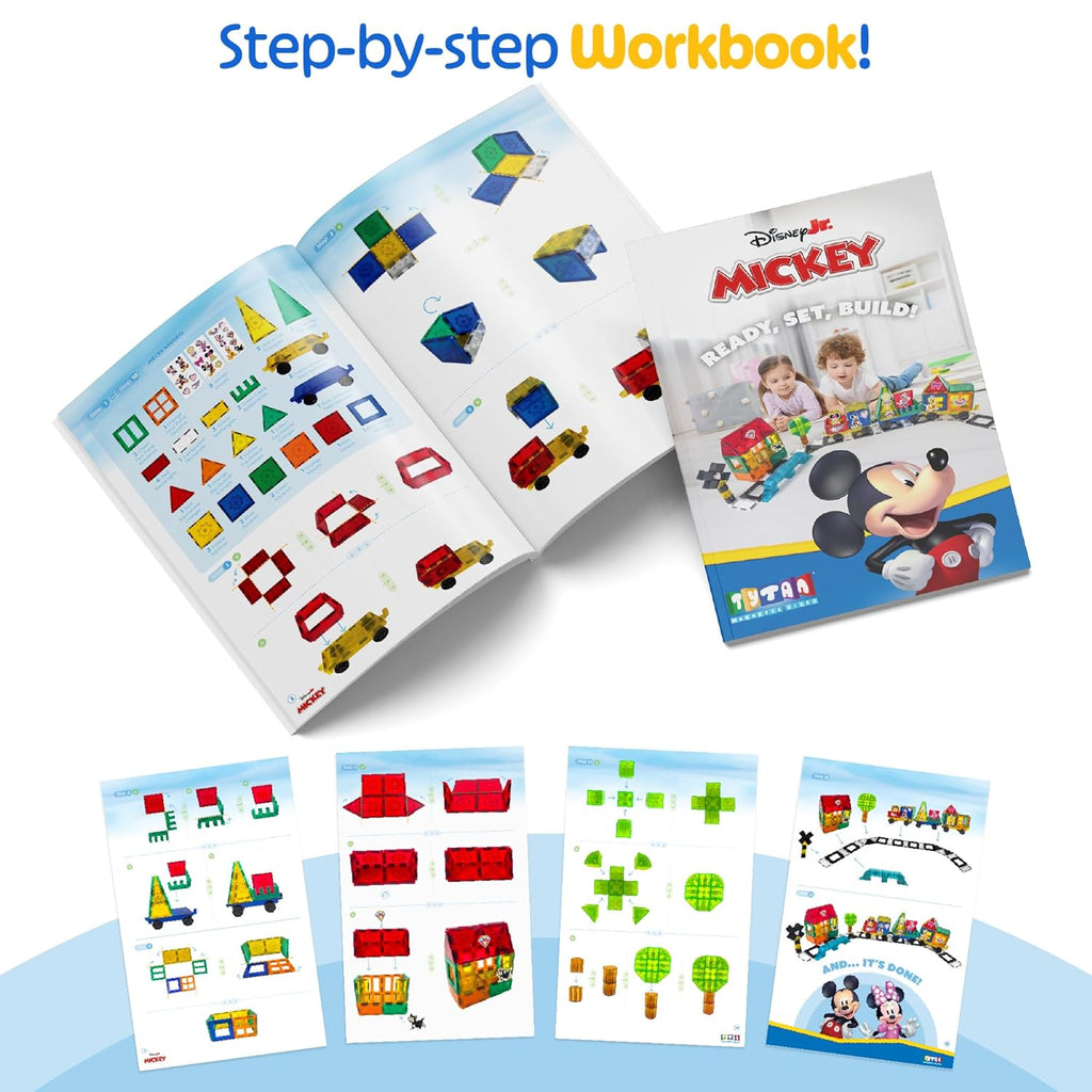 Tytan Official Disney Junior Mickey Mouse Jumbo Train Magnetic Tile Set – 112-Piece STEAM Toy Featuring Magnetic Cubes, Wheeled Bases, Reusable Stickers & Instruction Manual – Kids Ages 3+
