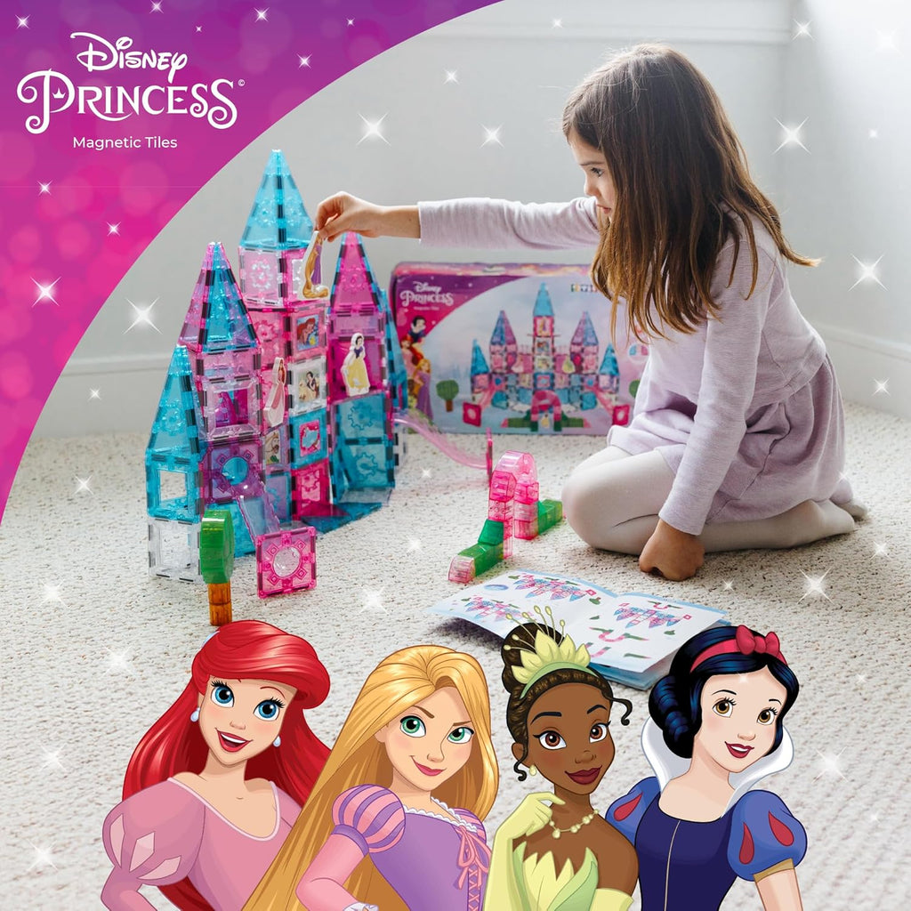 Disney Princess Toys Magnetic Tiles Castle Set - 172-Piece STEM Building Toy with Ariel, Moana, Snow White, Tiana & Rapunzel Characters, Marble Run Slides, Disney Toys for Girls Ages 3+