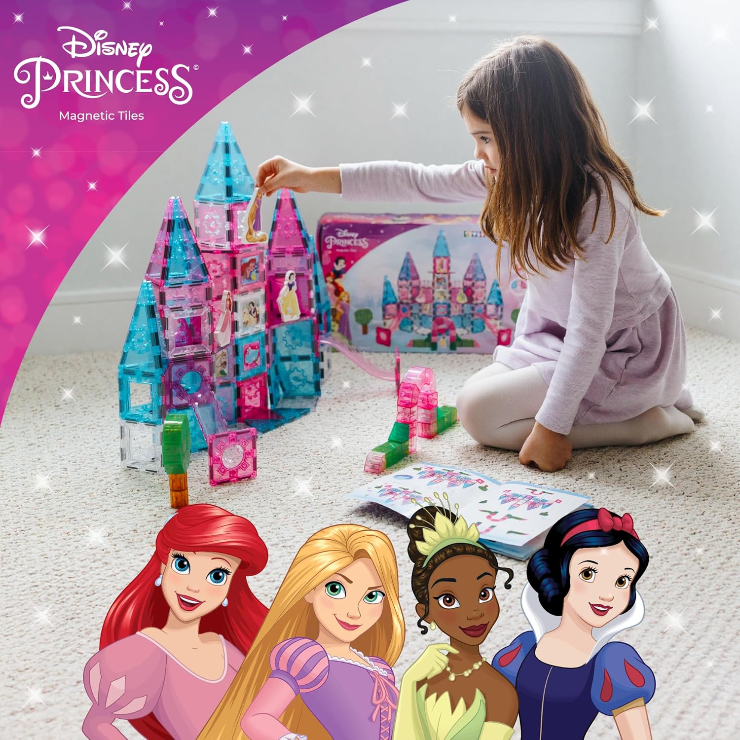 Disney Princess Toys Magnetic Tiles Castle Set - 172-Piece STEM Building Toy with Ariel, Moana, Snow White, Tiana & Rapunzel Characters, Marble Run Slides, Disney Toys for Girls Ages 3+