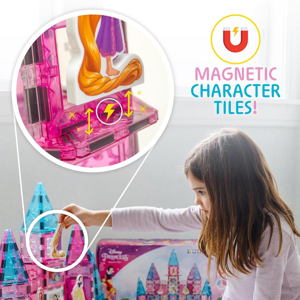 Disney Princess Toys Magnetic Tiles Castle Set - 172-Piece STEM Building Toy with Ariel, Moana, Snow White, Tiana & Rapunzel Characters, Marble Run Slides, Disney Toys for Girls Ages 3+
