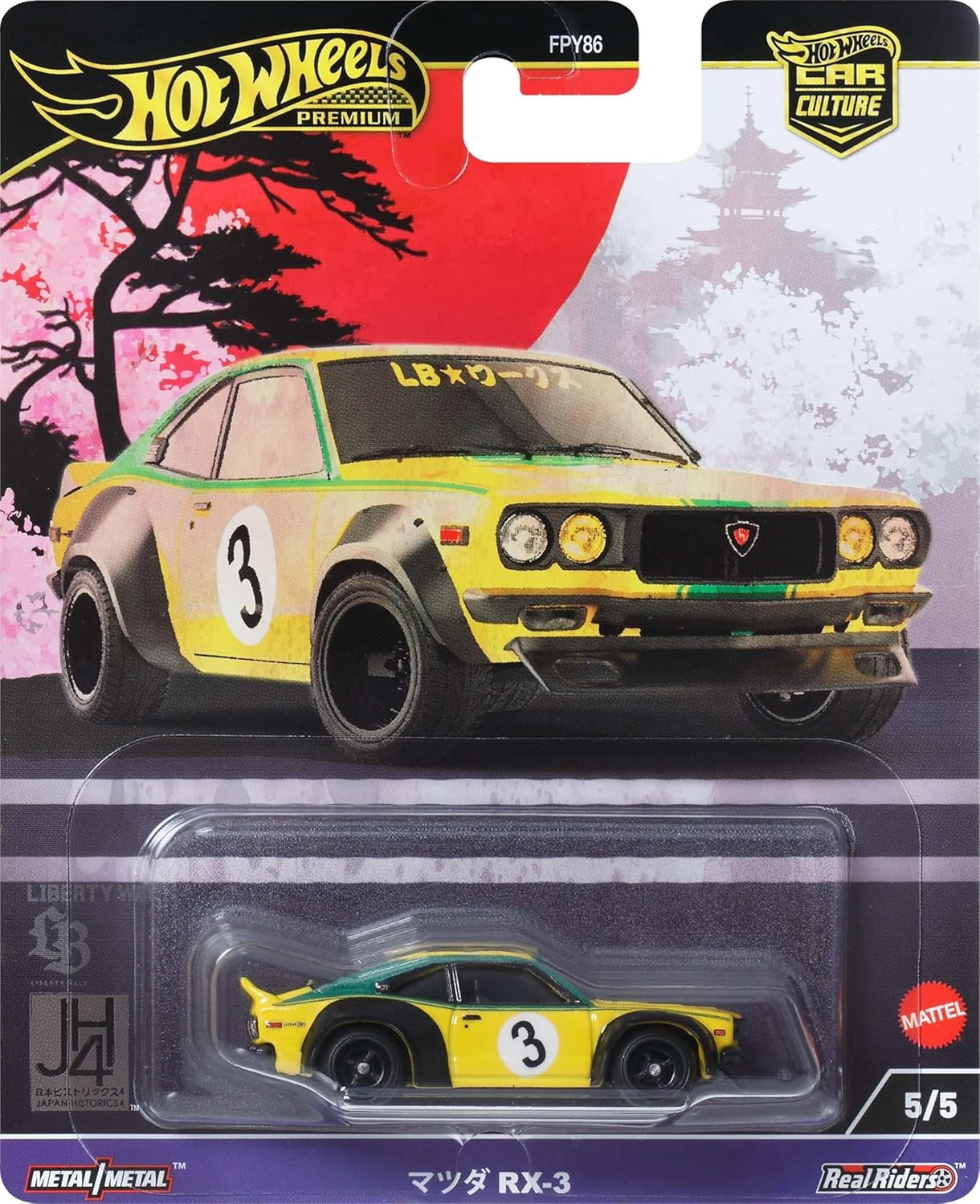 Hot Wheels Premium Car Culture Collectible Toy Car, 1:64 Scale Die-Cast Mazda RX3, Japan Historics 4 Vehicle with Real Riders Tires