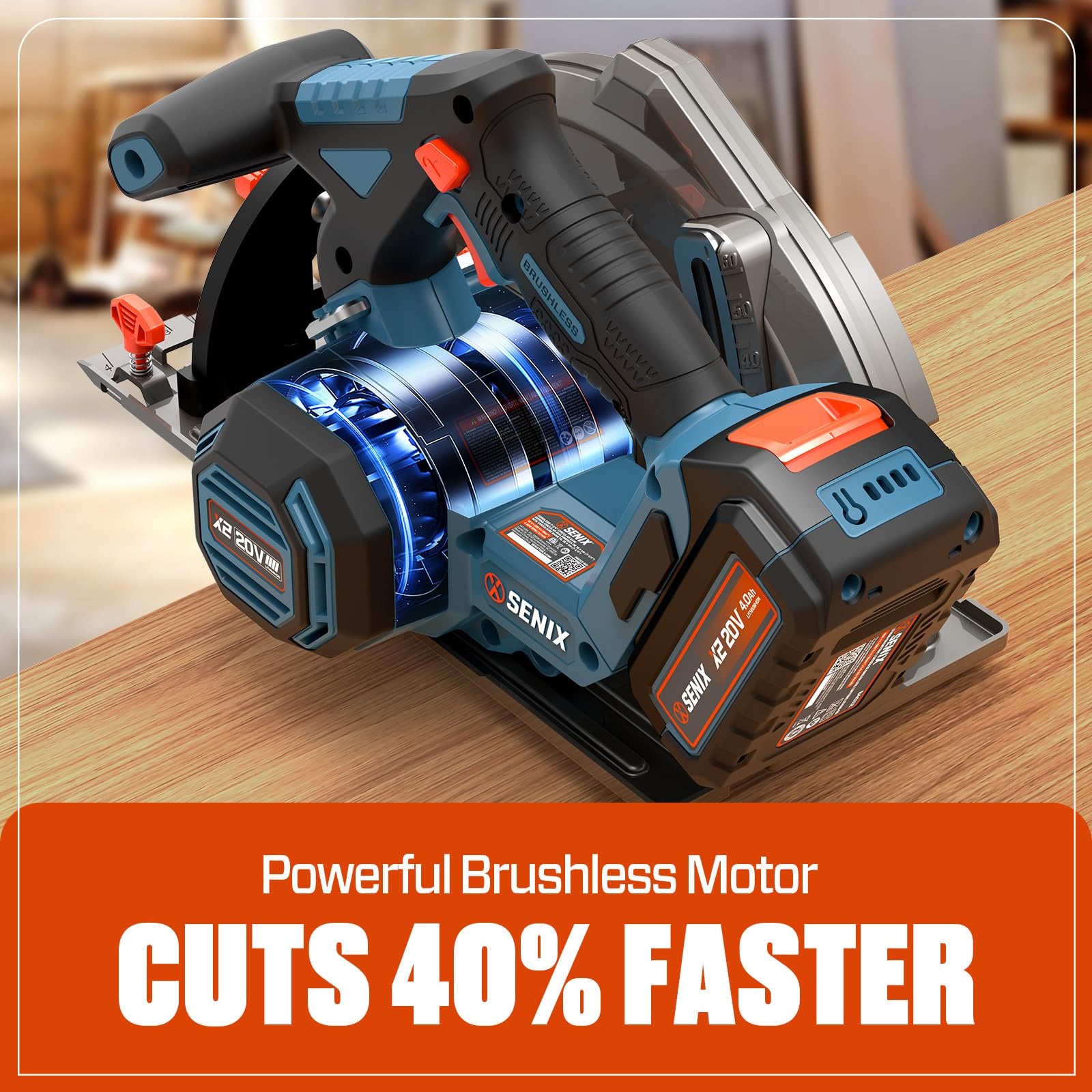 SENIX 20V Max 7-1/4" Circular Saw for Wood Cutting | Cordless Circular Saw with 4.0Ah Battery & Charger | 4200RPM Brushless Motor, LED Light, 55° Bevel | Storage Bag Included (PSCX2-M3)