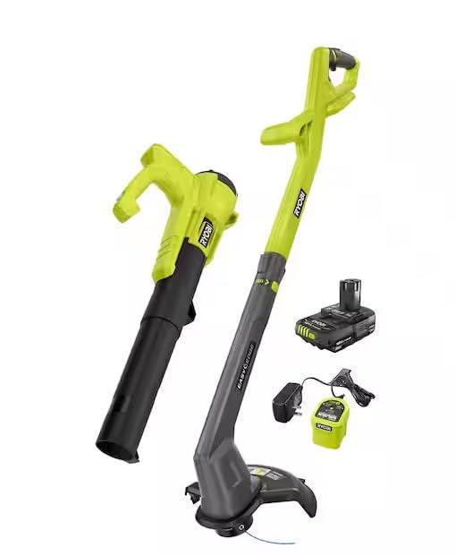 RYOBI ONE+ 18V Cordless String Trimmer/Edger and Blower/Sweeper Combo Kit (2-Tools) with 2.0 Ah Battery and Charger
