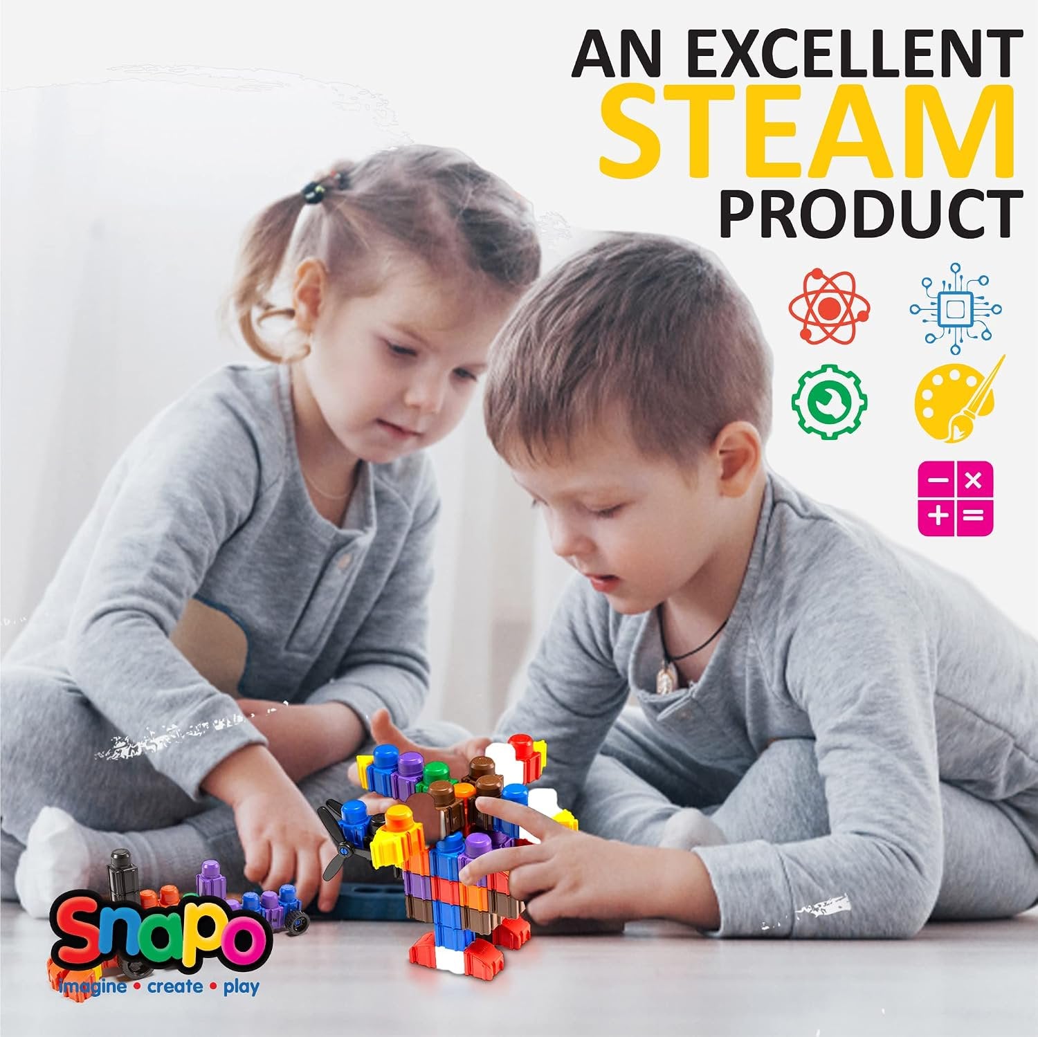 Snapo Jr. Advanced Builder's Kit - 80 pcs - Colorful Blocks & Wheels, Connect On All 6 Sides, 3D Building Toy, Snap-Slide-Rotate, Toddlers Kids 18mo+