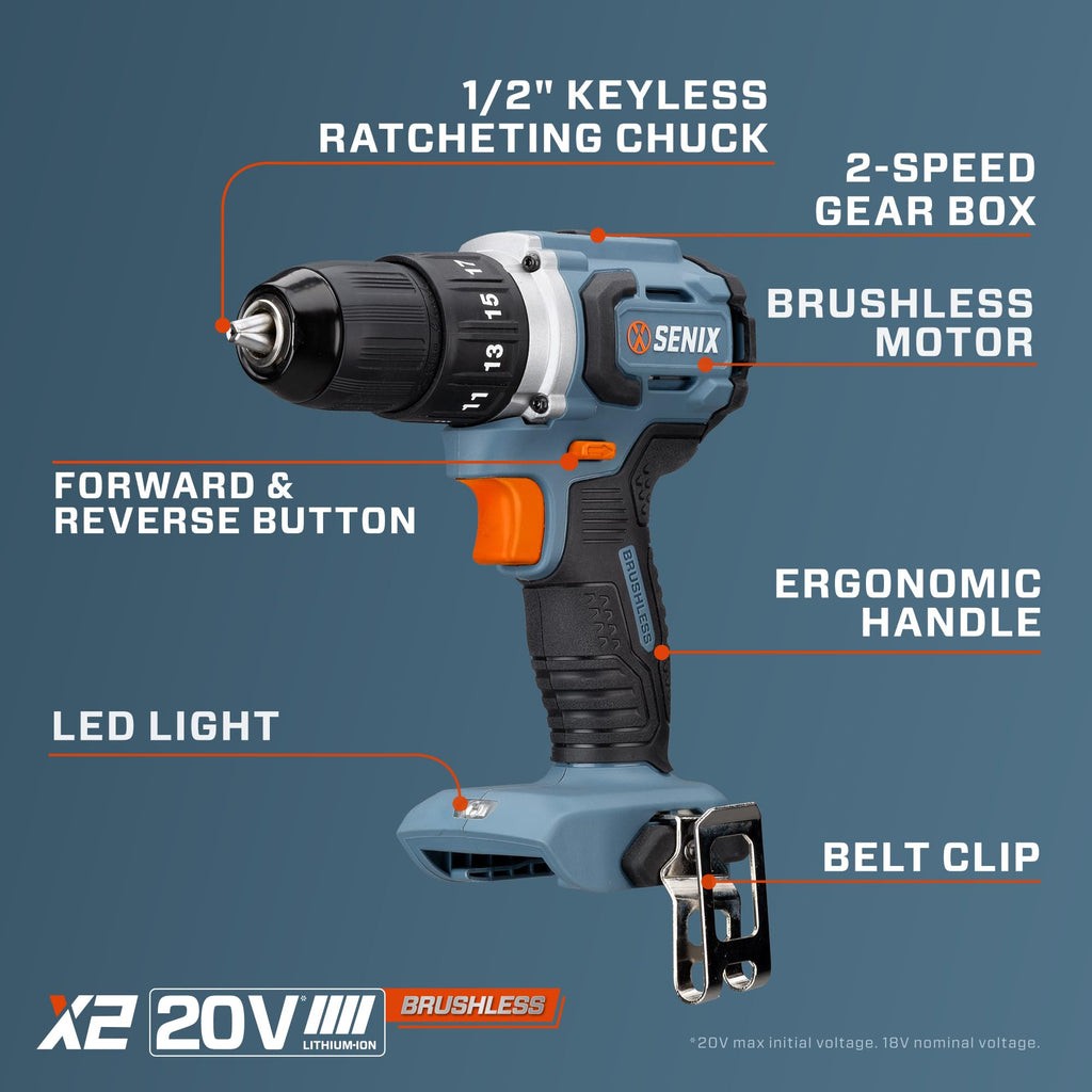 SENIX 20V Max Cordless Drill/Driver Set, Power Tool Kit, Brushless Motor, 1/2-Inch, 2 Variable Speed,Tool Only (PDDX2-M2-0)*NOW on SALE* $20 Deal of the Day $20