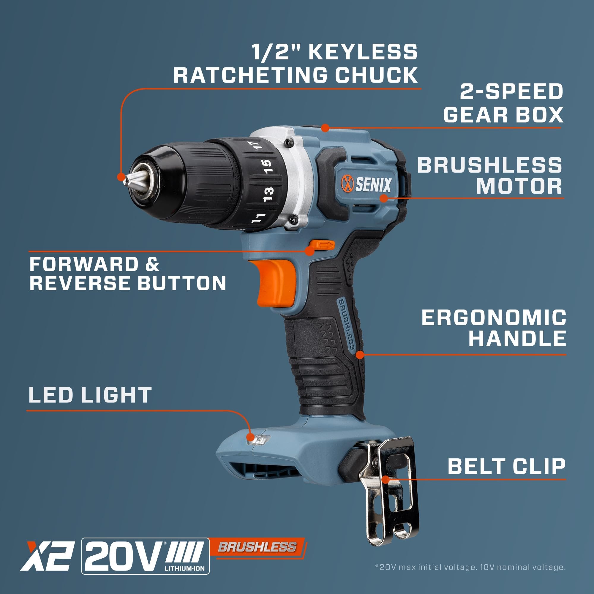 SENIX 20V Max Cordless Drill/Driver Set, Power Tool Kit, Brushless Motor, 1/2-Inch, 2 Variable Speed,Tool Only (PDDX2-M2-0)*NOW on SALE* $20 Deal of the Day $20