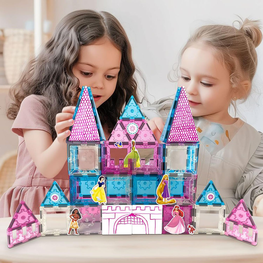Tytan Official Disney Princess Magnetic Tile Castle – 70-Piece STEAM Toy with Vibrant Tiles, Reusable Disney Princess Stickers, Dry-Erase Decals, Marker, Carry Bag, & More!
