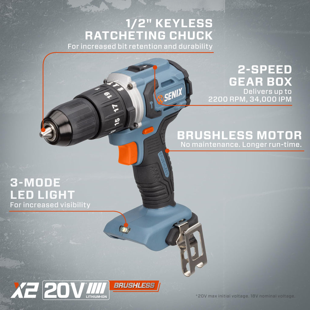 SENIX X2 20 Volt Max* 2-Piece Cordless Power Tool Kit with Battery Powered 1/2-Inch Hammer Drill Driver and 1/4-Inch Impact Driver, Includes Soft Bag, 2 2.0 Ah Batteries & Charger $30.00 off of already reduced price for Daily Deal SPECIAL PRICE $59.99