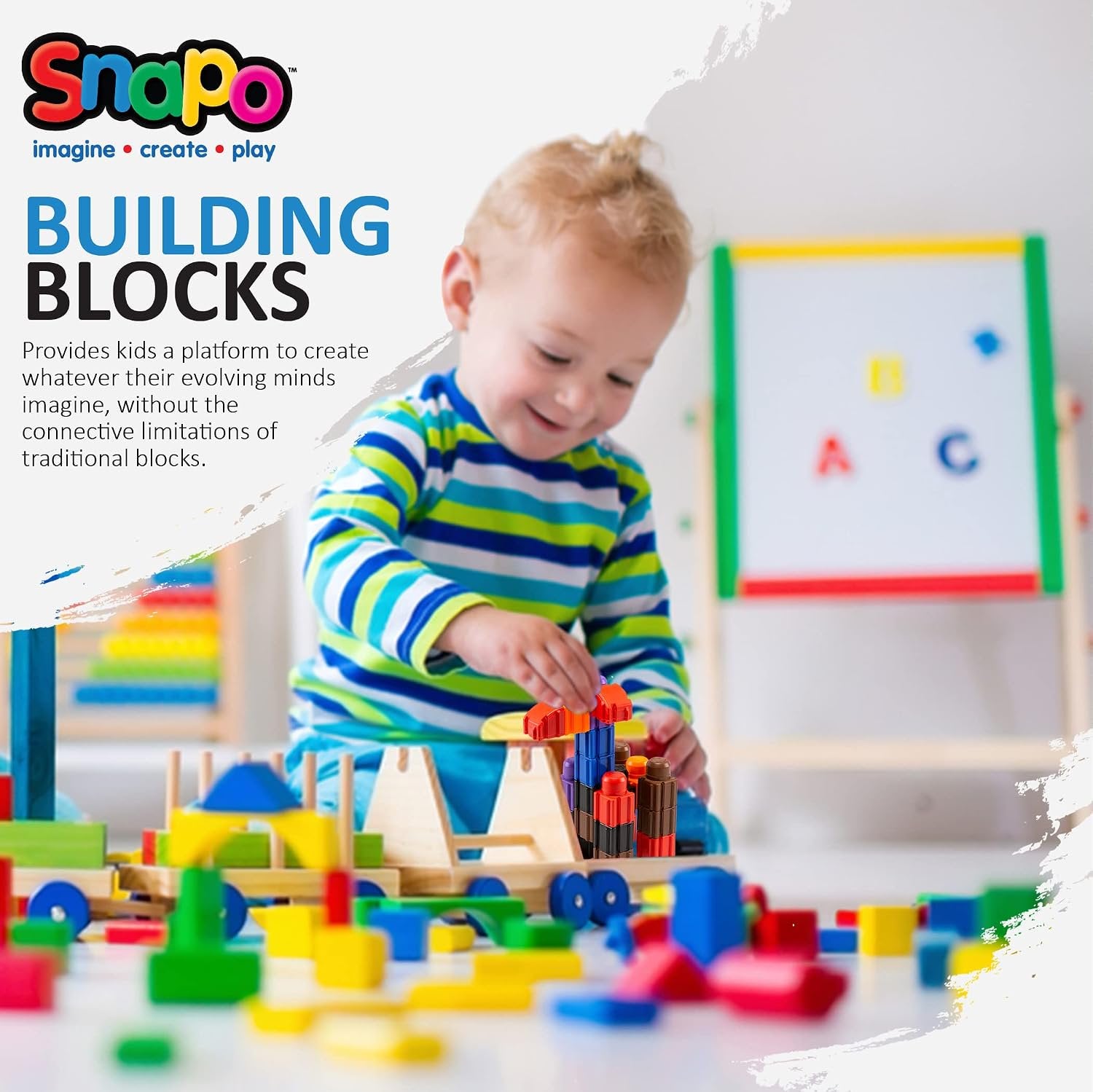 Snapo Jr. Advanced Builder's Kit - 80 pcs - Colorful Blocks & Wheels, Connect On All 6 Sides, 3D Building Toy, Snap-Slide-Rotate, Toddlers Kids 18mo+