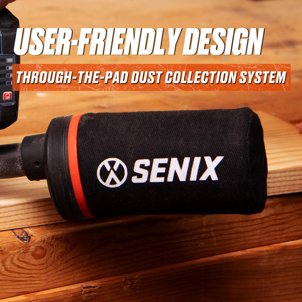 SENIX 20V Random Orbit Sander,5 Inch Power Palm Electric with 3 Speed Modes,Dust Collection Bag,3 Pcs Sandpaper Sheets for Woodworking w/Safety Glasses(Tool Only,No Battery)