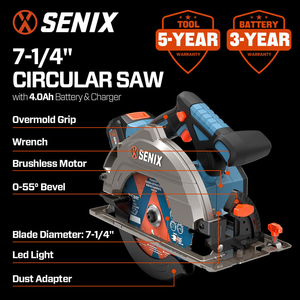 SENIX 20V Max 7-1/4" Circular Saw for Wood Cutting | Cordless Circular Saw with 4.0Ah Battery & Charger | 4200RPM Brushless Motor, LED Light, 55° Bevel | Storage Bag Included (PSCX2-M3)