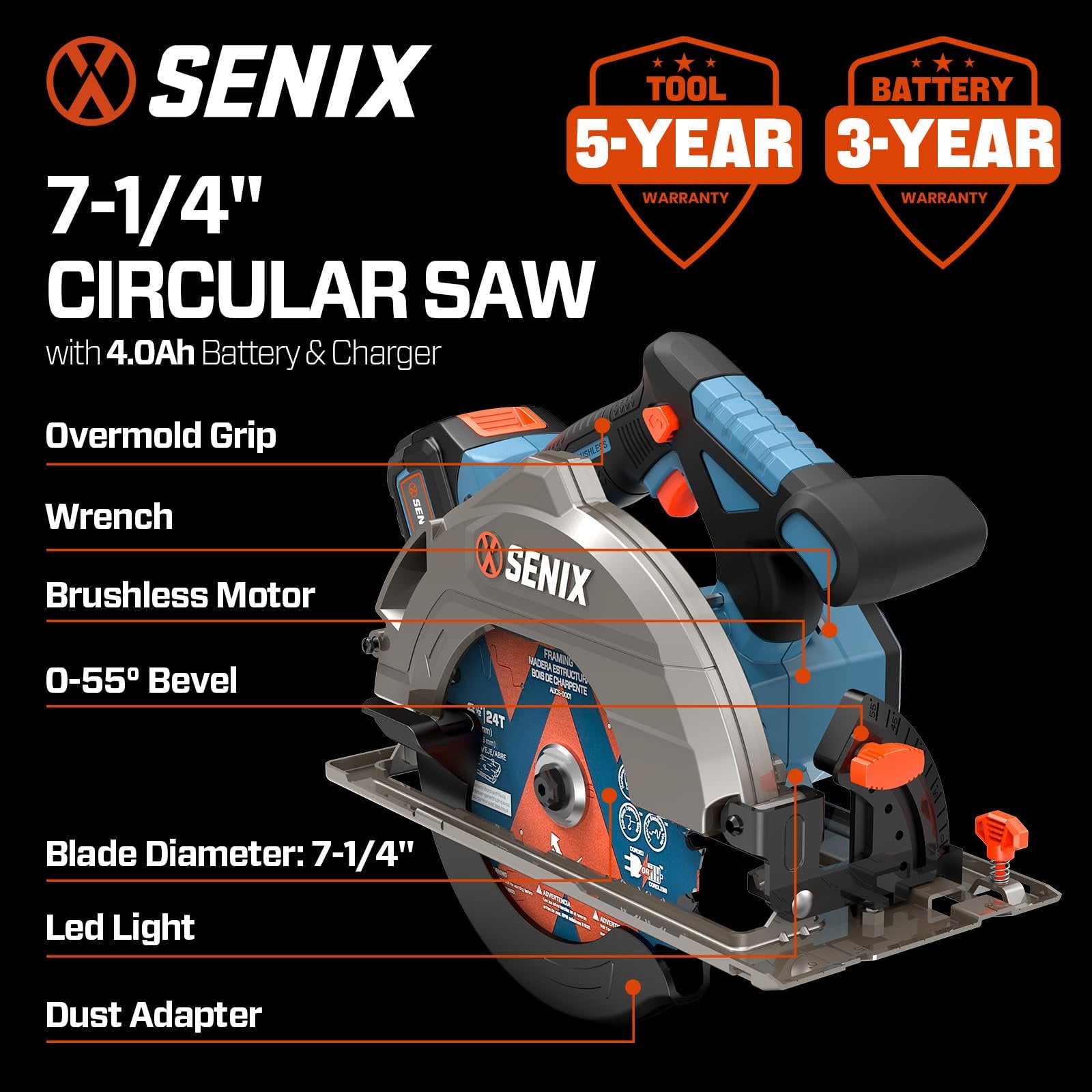 SENIX 20V Max 7-1/4" Circular Saw for Wood Cutting | Cordless Circular Saw with 4.0Ah Battery & Charger | 4200RPM Brushless Motor, LED Light, 55° Bevel | Storage Bag Included (PSCX2-M3)