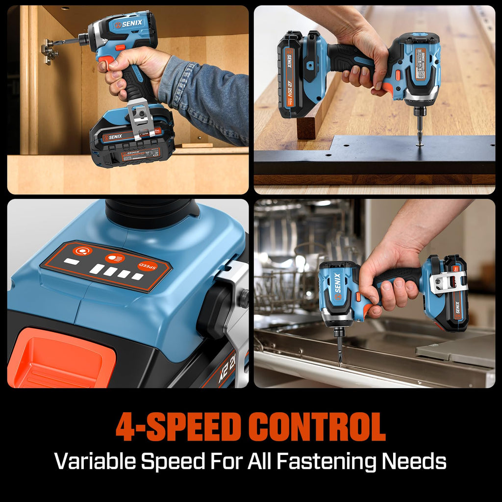 SENIX X2 20 Volt Max* 1/4-Inch Cordless Impact Driver, 4-Speed Battery Screwdriver, Brushless Motor, LED Light, 130 Foot-Pounds of Max Torque, Includes Soft Bag, 2.0 Ah Battery & Charger (PDIX2-M2)