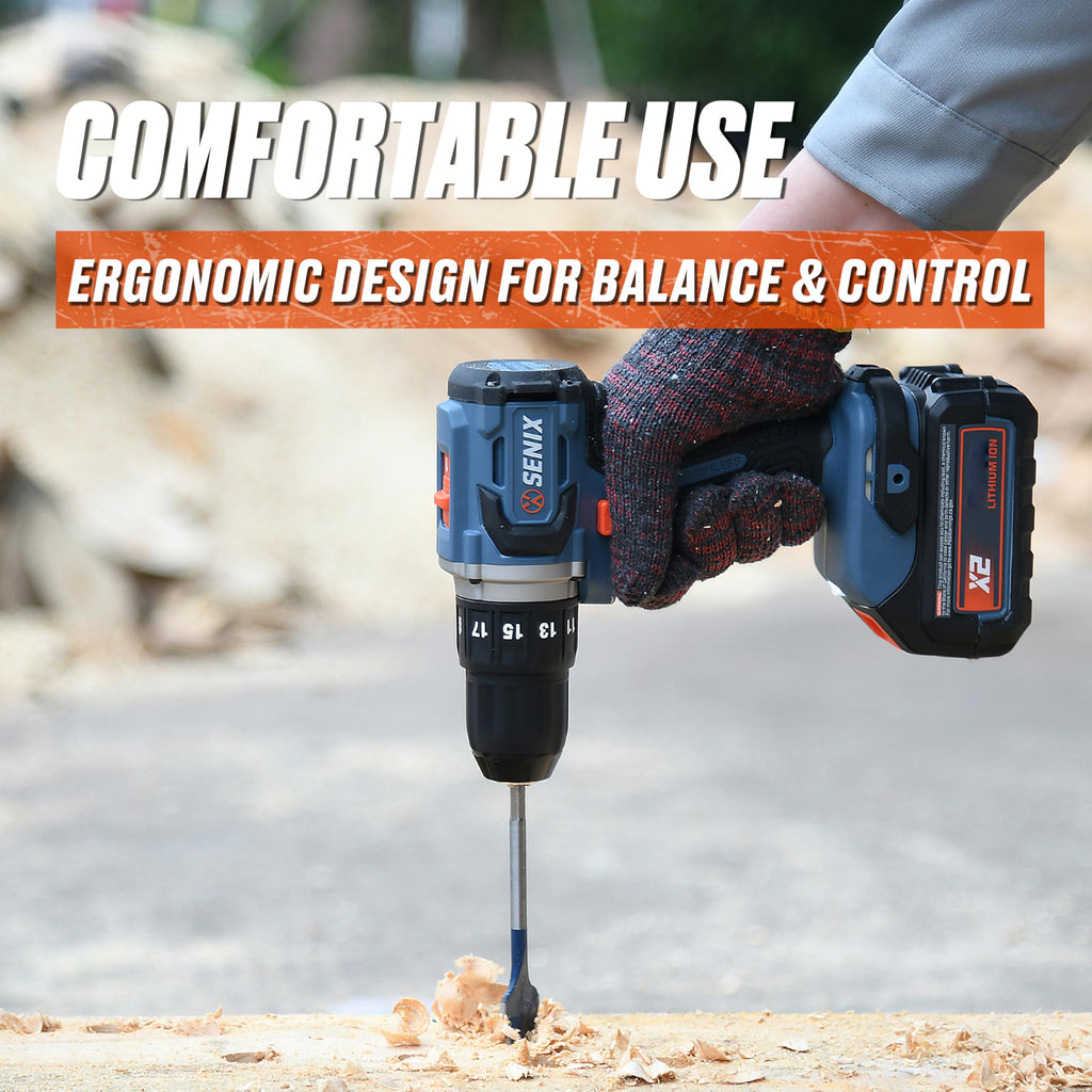 SENIX 20V Max Cordless Drill/Driver Set, Power Tool Kit with 2.0 Ah Batteries and Charger, Brushless Motor, 1/2-Inch, 2 Variable Speed, Soft Bag Included(PDDX2-M2)