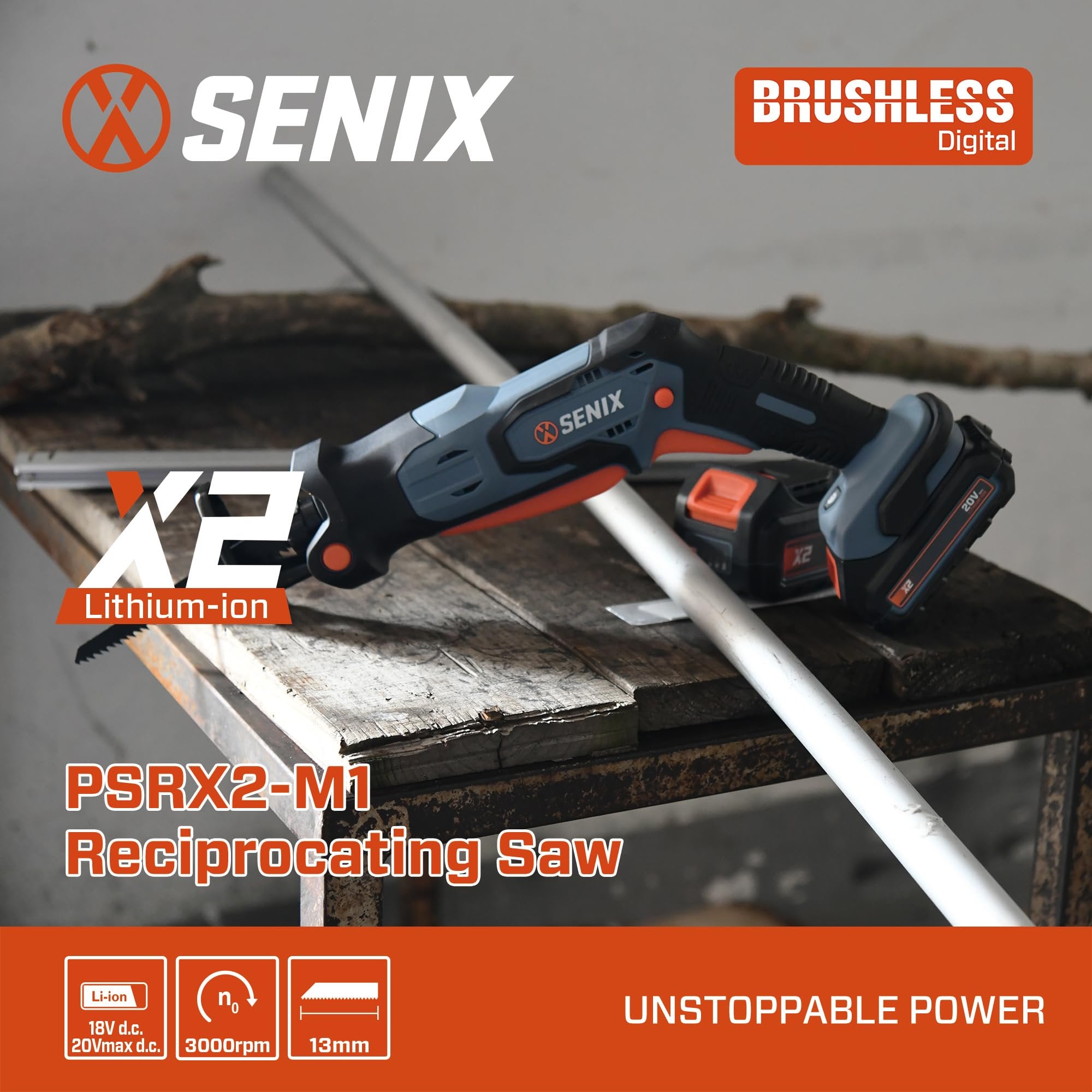 SENIX PSRX2-M1-0 X2 20 Volt Max* 1/2-Inch Compact Reciprocating Saw, Variable Speed, 2800 SPM Max, Tool-Less Blade Clamp, 3-Mode LED Light, Tool Only, Battery Not Included