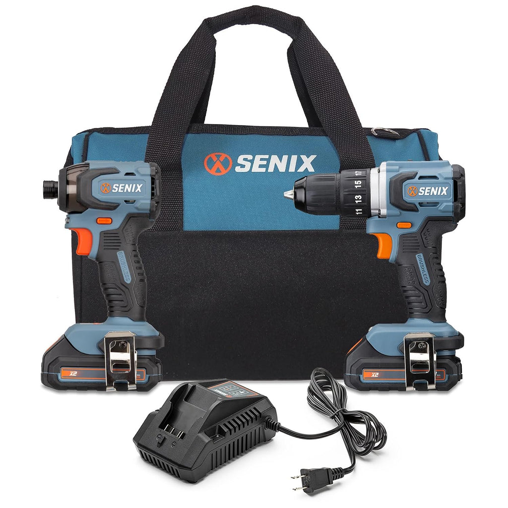 SENIX X2 20 Volt Max* 2-Piece Cordless Power Tool Kit with Battery Powered 1/2-Inch Drill Driver and 1/4-Inch Impact Driver, Includes Storage Bag, 2 2.0 Ah Batteries & Charger (S2K2B2-01)