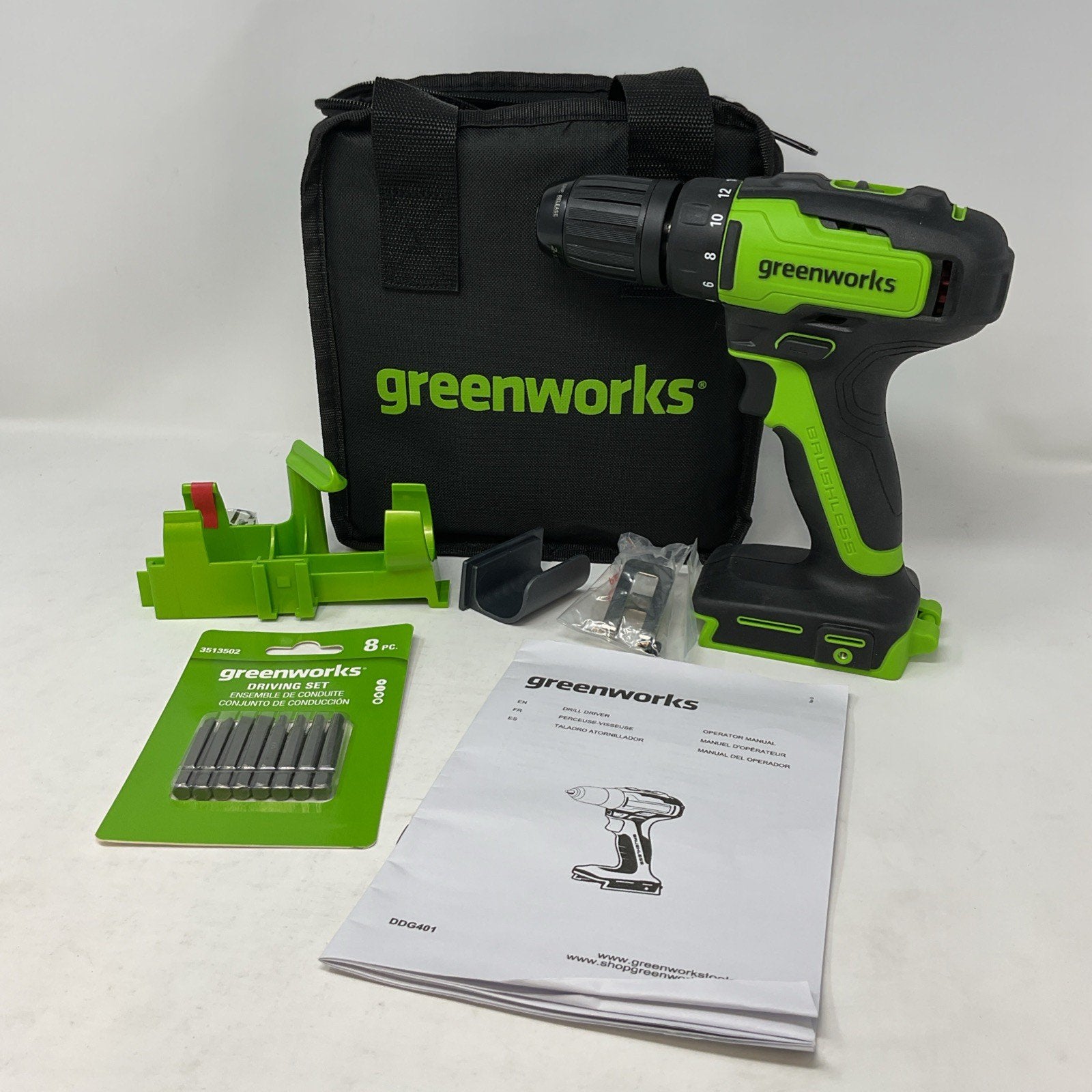 GreenWorks DDG401 Brushless 24V Cordless Drill Driver W/ Bag, Bits & Belt Clip