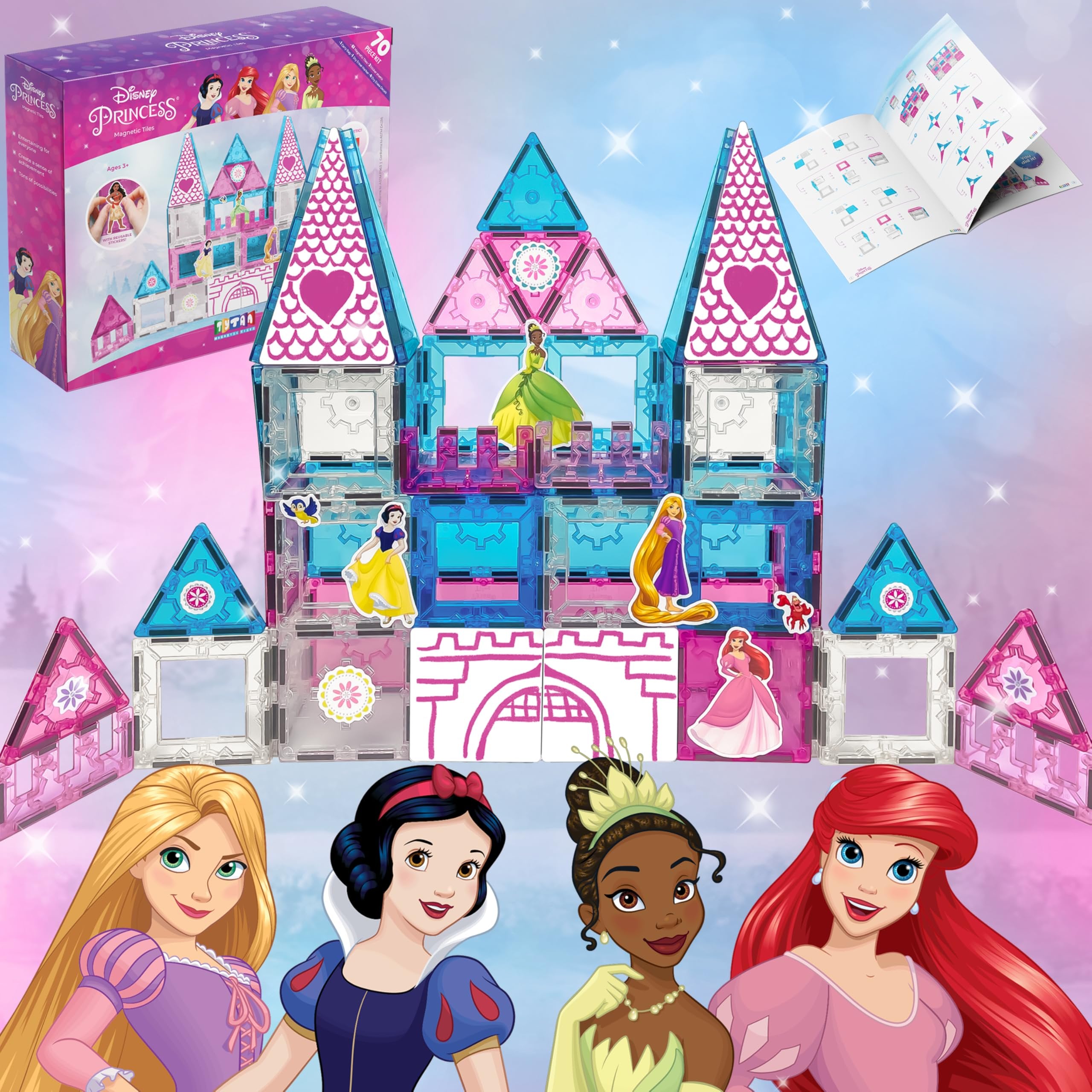 Tytan Official Disney Princess Magnetic Tile Castle – 70-Piece STEAM Toy with Vibrant Tiles, Reusable Disney Princess Stickers, Dry-Erase Decals, Marker, Carry Bag, & More!