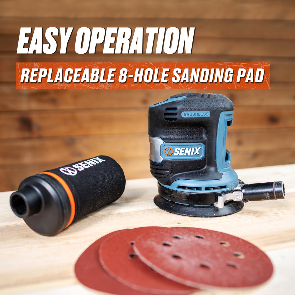 SENIX 20V Random Orbit Sander,5 Inch Power Palm Electric with 3 Speed Modes,Dust Collection Bag,3 Pcs Sandpaper Sheets for Woodworking w/Safety Glasses(Tool Only,No Battery)