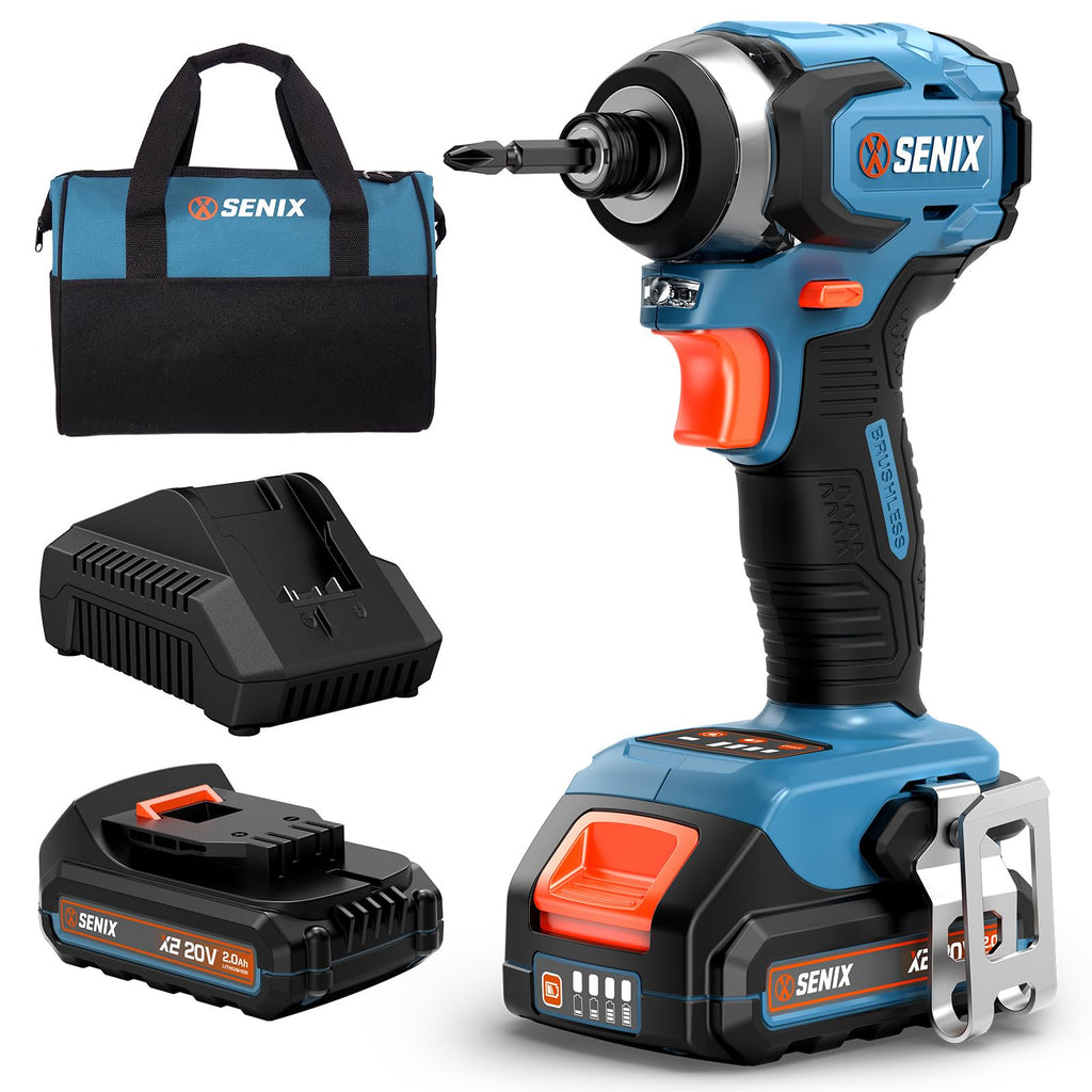 SENIX X2 20 Volt Max* 1/4-Inch Cordless Impact Driver, 4-Speed Battery Screwdriver, Brushless Motor, LED Light, 130 Foot-Pounds of Max Torque, Includes Soft Bag, 2.0 Ah Battery & Charger (PDIX2-M2)