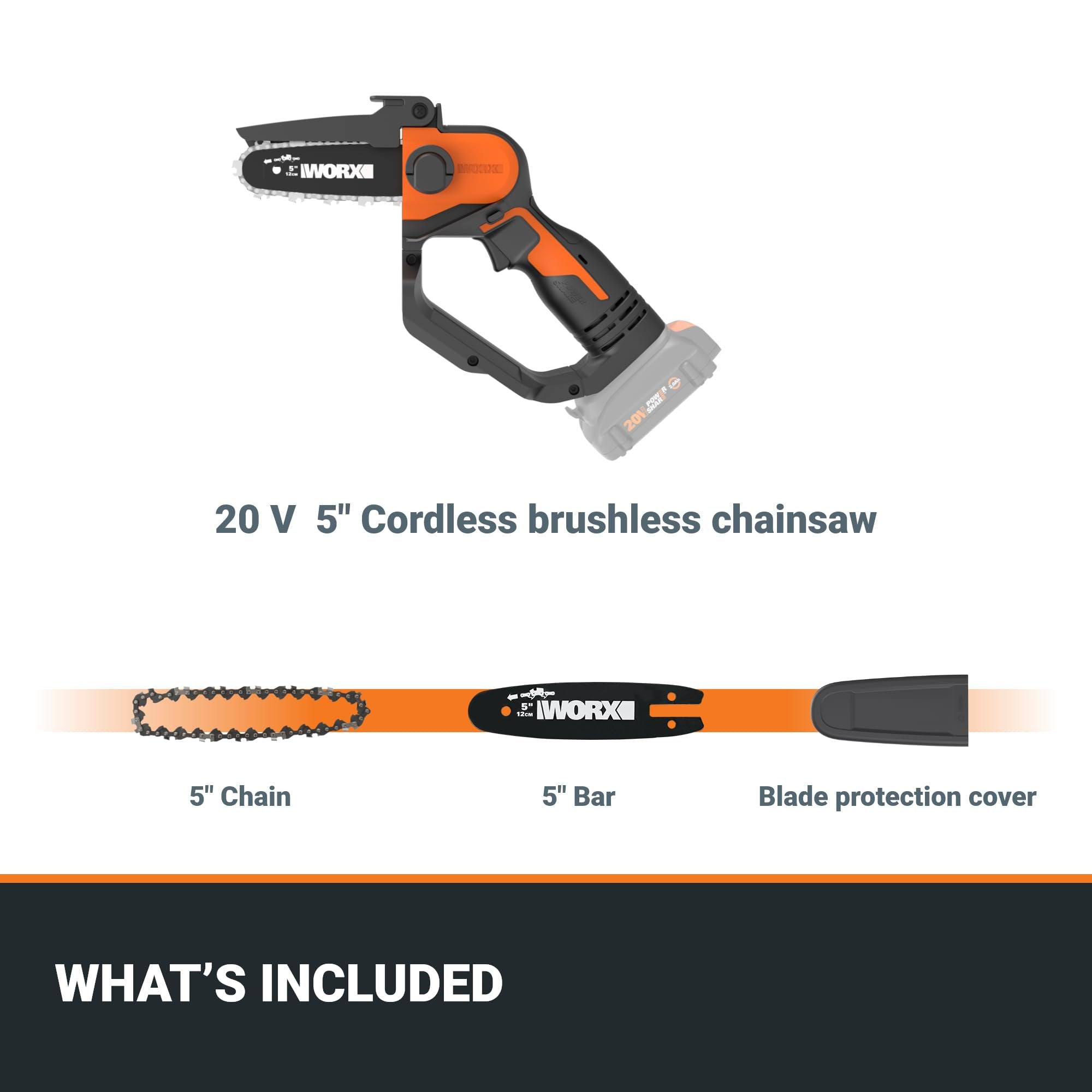 WORX WG324.9 20V Power Share 5” Cordless Pruning Saw, Bare Tool Only, Black and Orange