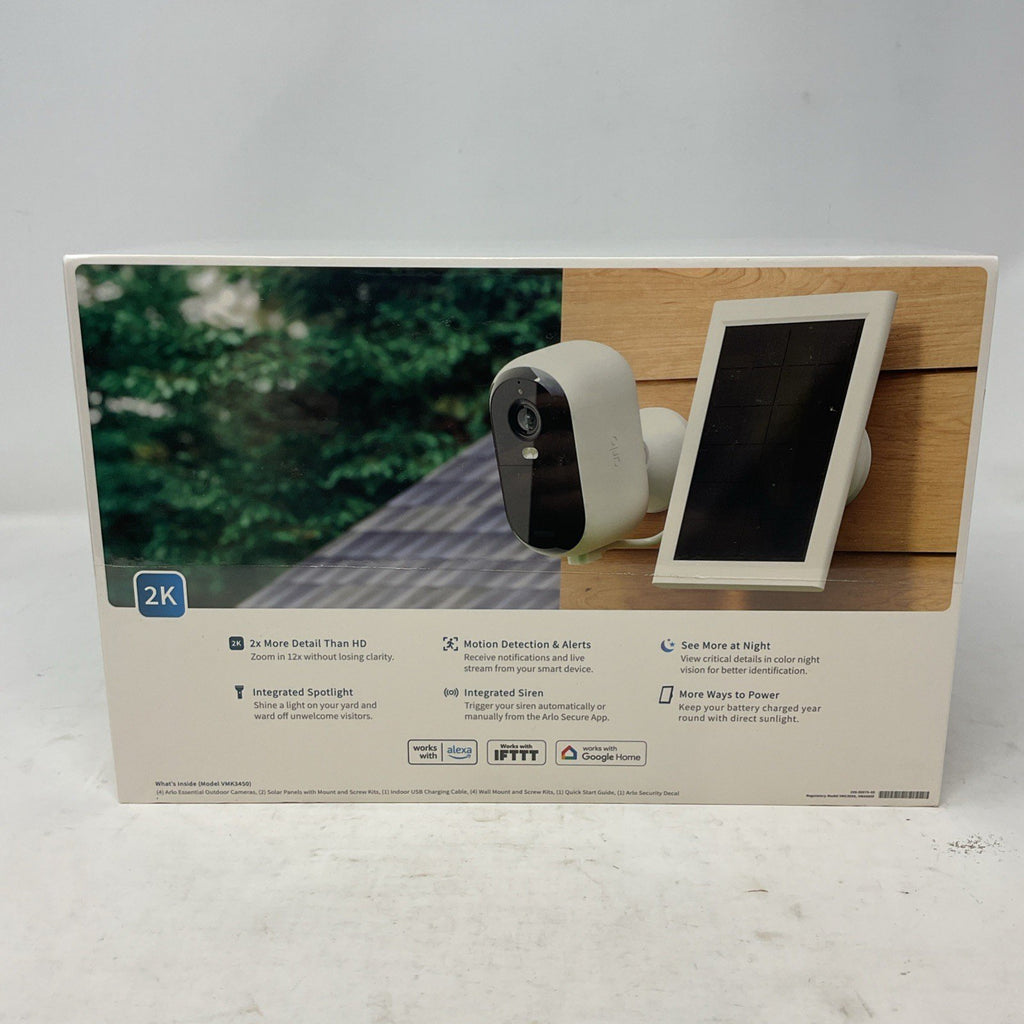 Arlo 2K Essential Outdoor Camera 2nd Gen, 4 Cameras and 2 Solar Panels, White