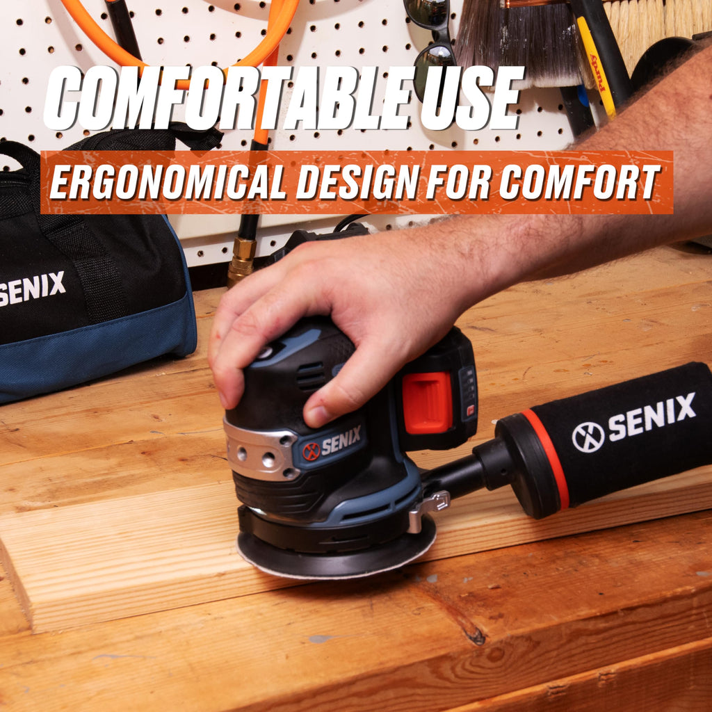 SENIX 20V Random Orbit Sander,5 Inch Power Palm Electric with 3 Speed Modes,Dust Collection Bag,3 Pcs Sandpaper Sheets for Woodworking w/Safety Glasses(Tool Only,No Battery)