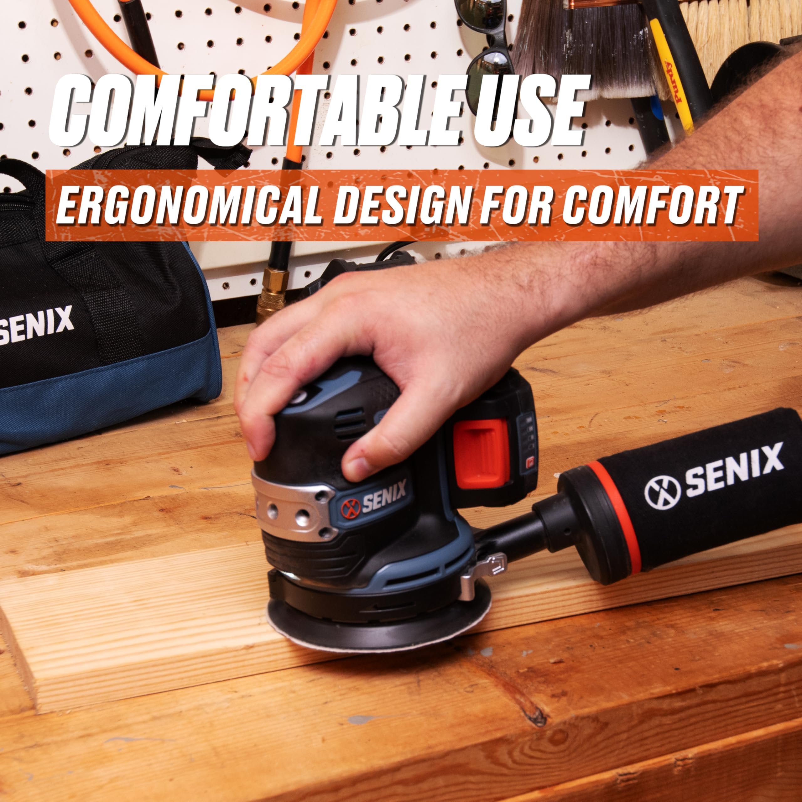 SENIX 20V Random Orbit Sander,5 Inch Power Palm Electric with 3 Speed Modes,Dust Collection Bag,3 Pcs Sandpaper Sheets for Woodworking w/Safety Glasses(Tool Only,No Battery)