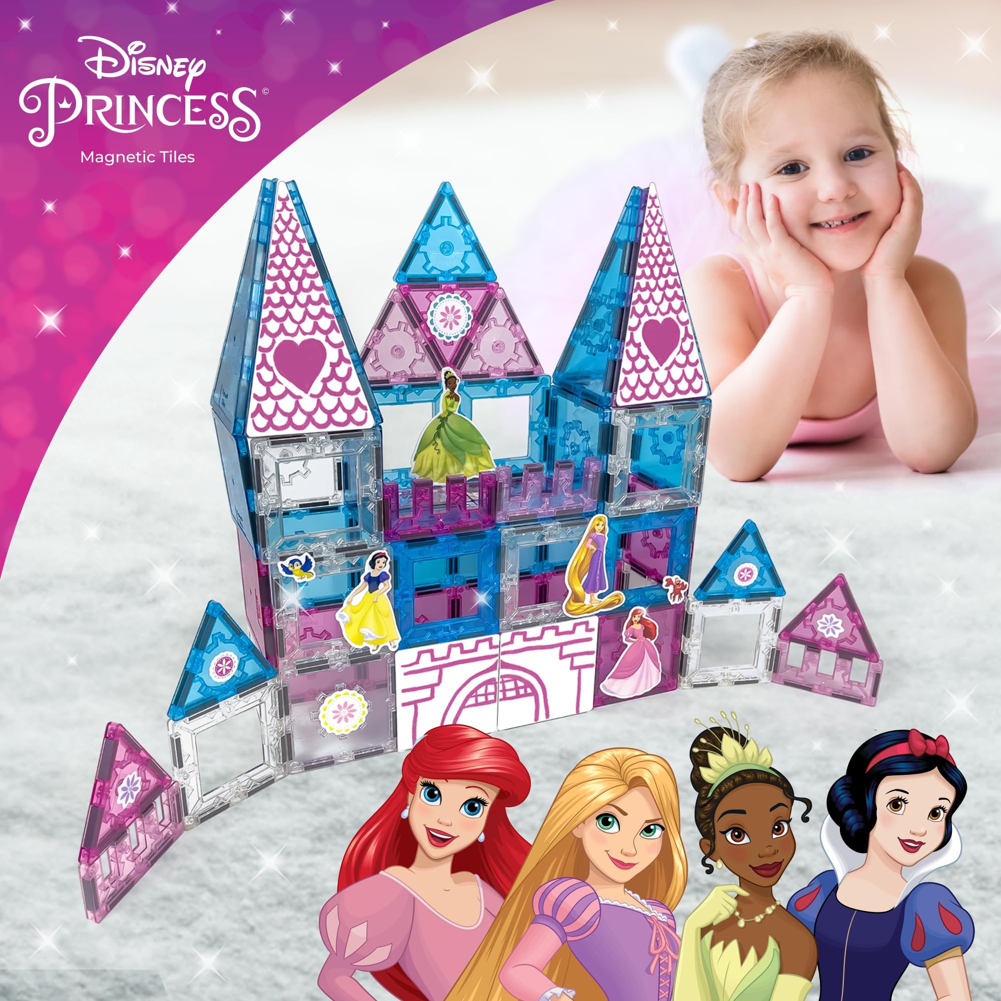 Tytan Official Disney Princess Magnetic Tile Castle – 70-Piece STEAM Toy with Vibrant Tiles, Reusable Disney Princess Stickers, Dry-Erase Decals, Marker, Carry Bag, & More!