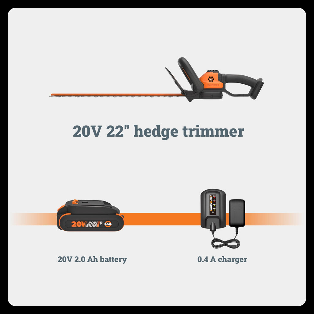 WORX 22" Cordless Hedge Trimmer, Electric Hedge Trimmer with Dual-Action Blades, Lightweight Bush Trimmer with 4.4 LBS, Battery & Charger Not Included, WG261.9