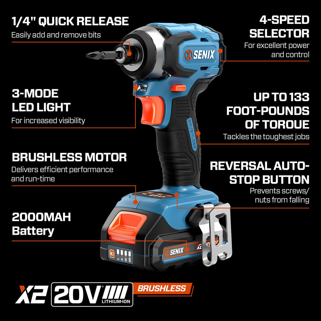SENIX X2 20 Volt Max* 1/4-Inch Cordless Impact Driver, 4-Speed Battery Screwdriver, Brushless Motor, LED Light, 130 Foot-Pounds of Max Torque, Includes Soft Bag, 2.0 Ah Battery & Charger (PDIX2-M2)