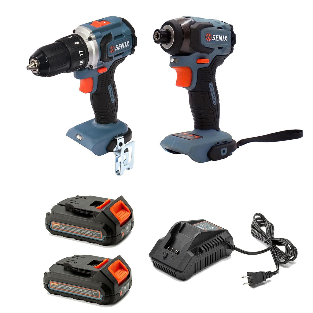SENIX X2 20 Volt Max* 2-Piece Cordless Power Tool Kit with Battery Powered 1/2-Inch Drill Driver and 1/4-Inch Impact Driver, Includes Storage Bag, 2 2.0 Ah Batteries & Charger (S2K2B2-01)