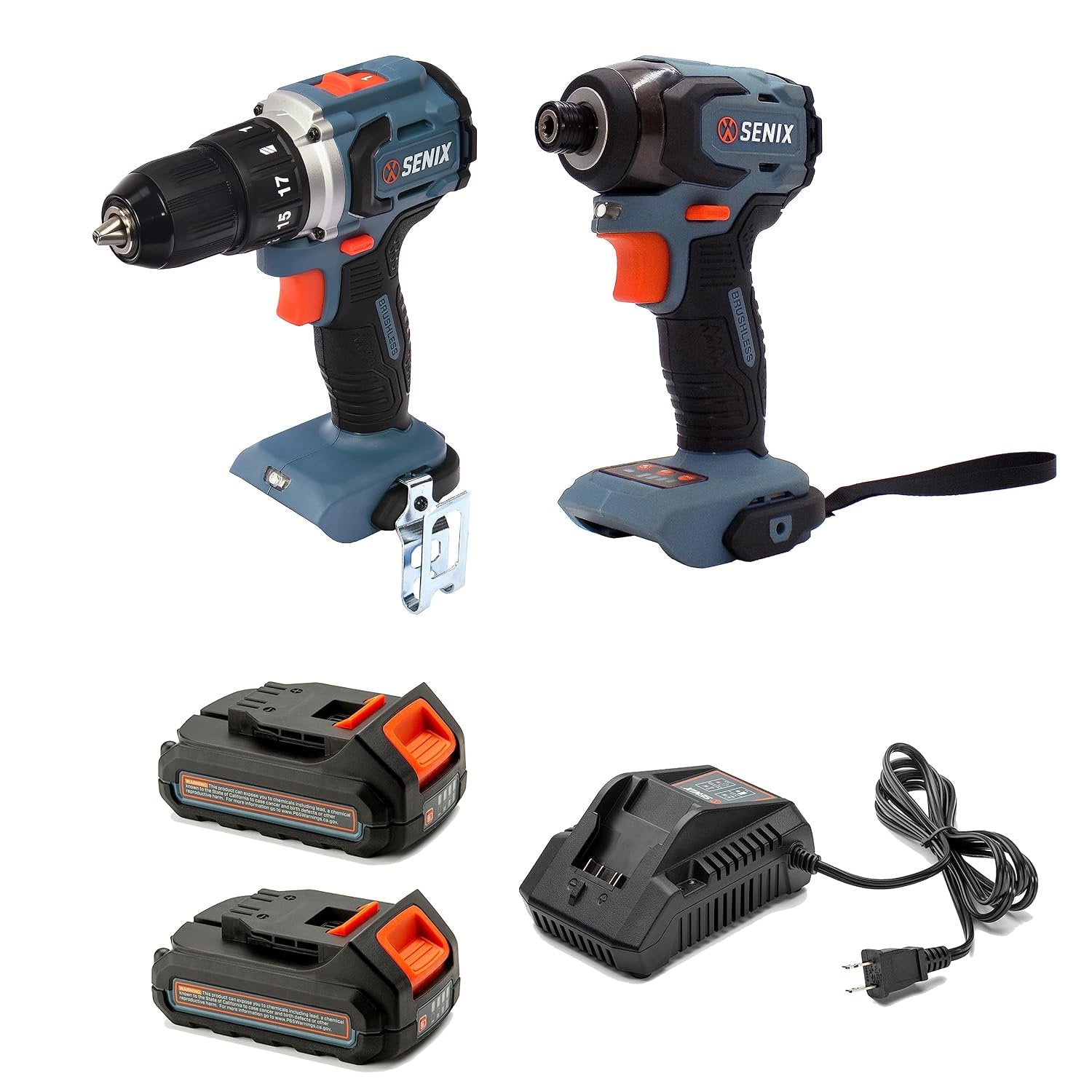 SENIX X2 20 Volt Max* 2-Piece Cordless Power Tool Kit with Battery Powered 1/2-Inch Drill Driver and 1/4-Inch Impact Driver, Includes Storage Bag, 2 2.0 Ah Batteries & Charger (S2K2B2-01)