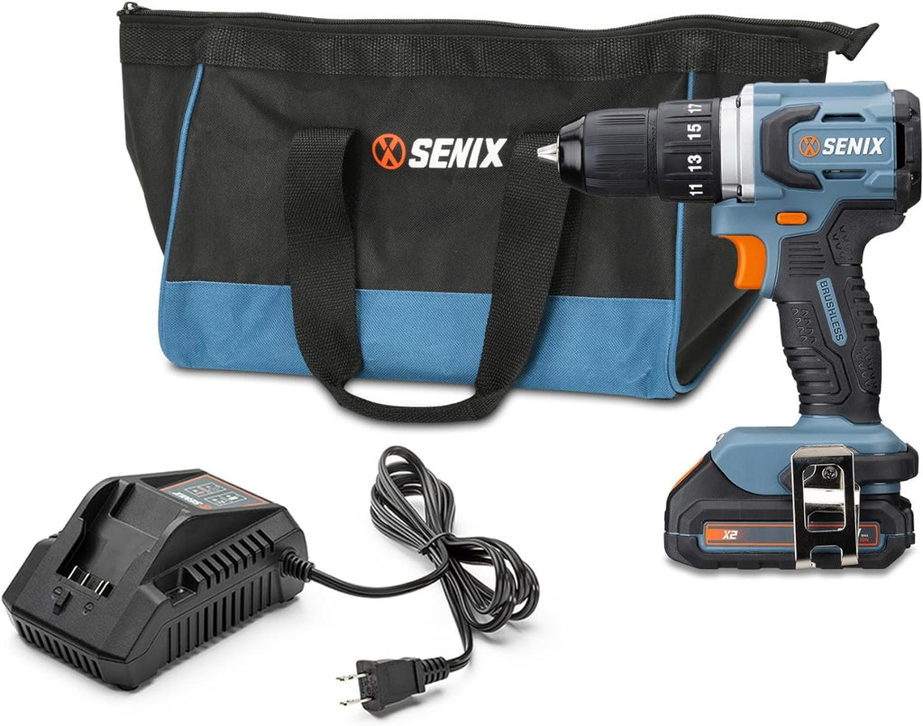 SENIX 20V Max Cordless Drill/Driver Set, Power Tool Kit with 2.0 Ah Batteries and Charger, Brushless Motor, 1/2-Inch, 2 Variable Speed, Soft Bag Included(PDDX2-M2)