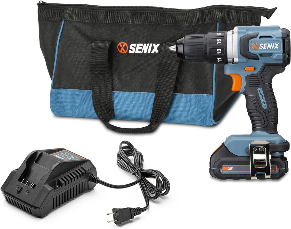 SENIX 20V Max Cordless Drill/Driver Set, Power Tool Kit with 2.0 Ah Batteries and Charger, Brushless Motor, 1/2-Inch, 2 Variable Speed, Soft Bag Included(PDDX2-M2)