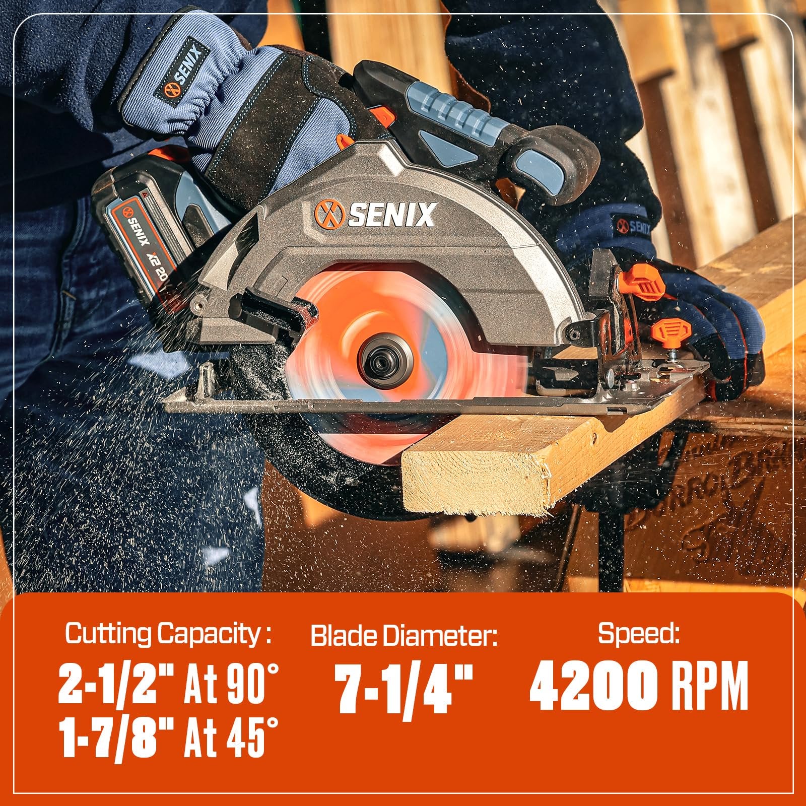 SENIX 20V Max 7-1/4" Circular Saw for Wood Cutting | Cordless Circular Saw with 4.0Ah Battery & Charger | 4200RPM Brushless Motor, LED Light, 55° Bevel | Storage Bag Included (PSCX2-M3)