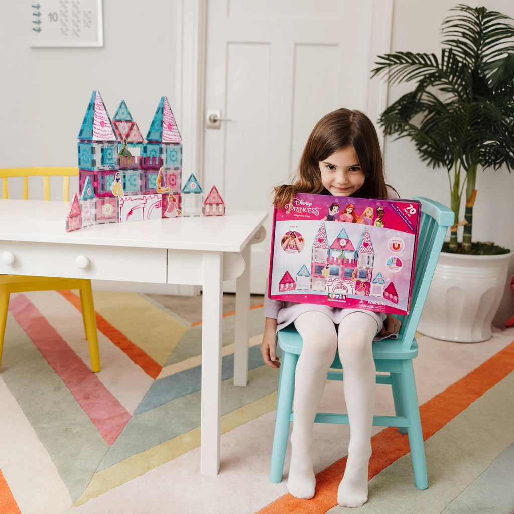 Tytan Official Disney Princess Magnetic Tile Castle – 70-Piece STEAM Toy with Vibrant Tiles, Reusable Disney Princess Stickers, Dry-Erase Decals, Marker, Carry Bag, & More!